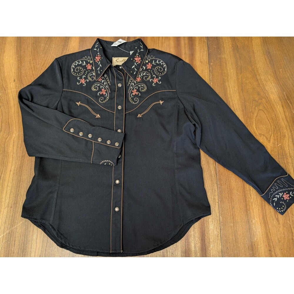 Scully Western Black Floral Rose Embroidered Pearl Snap Shirt Sz XL Cowgirl NEW